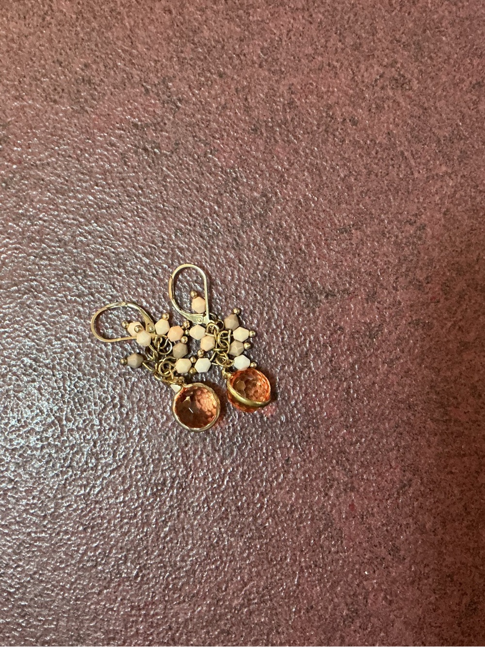 Handmade Gold-Tone Earrings with Amber Gemstones and Ivory Beads